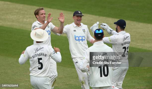 Durham bowler Bas de Leede celebrates after taking the wicket of Colin Ingram during day one of the LV= Insurance County Championship Division 2...