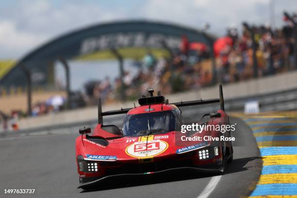 The No.51 Ferrari AF Corse Ferrari 499P of Alessandro Pier Guidi, James Calado and Antonio Giovinazzi drives during the 100th anniversary of the 24...