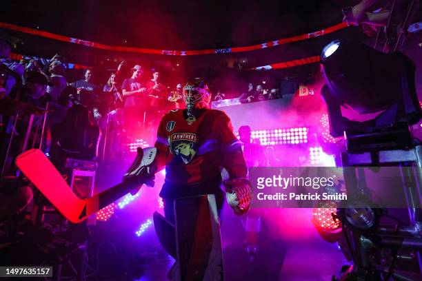 Sergei Bobrovsky of the Florida Panthers takes the ice prior to Game Four of the 2023 NHL Stanley Cup Final against the Vegas Golden Knights at FLA...