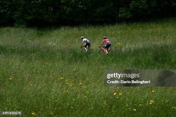 Julian Alaphilippe of France and Team Soudal - Quick Step and Giulio Ciccone of Italy and Team Trek - Segafredo attack in the breakaway during the...