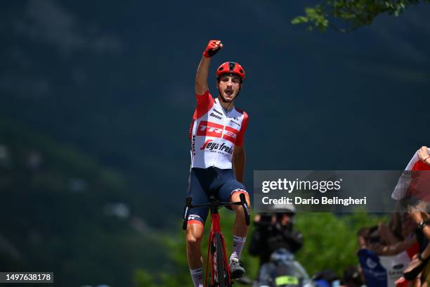 Giulio Ciccone of Italy and Team Trek - Segafredo celebrates at finish line as stage winner during the 75th Criterium du Dauphine 2023, Stage 8 a...