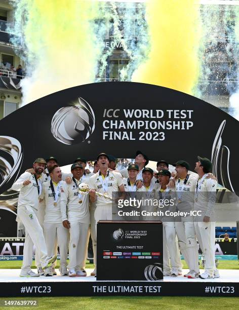 Pat Cummins of Australia lifts the ICC World Test Championship Mace on day five of the ICC World Test Championship Final between Australia and India...