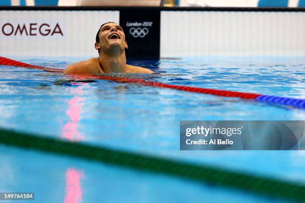 Florent Manaudou of France reacts after winning the Mens 50m Freestyle Final on Day 7 of the London 2012 Olympic Games at the Aquatics Centre on...