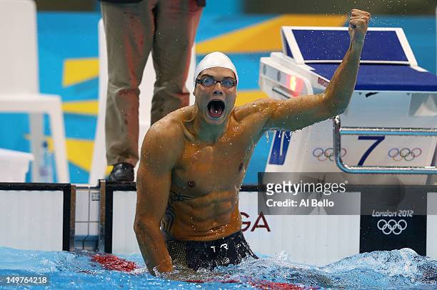 Florent Manaudou of France celebrates winning the Mens 50m Freestyle Final on Day 7 of the London 2012 Olympic Games at the Aquatics Centre on...