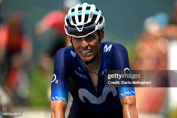 Enric Mas of Spain and Movistar Team crosses the finish line during the 75th Criterium du Dauphine 2023, Stage 8 a 152.8km stage from Le...