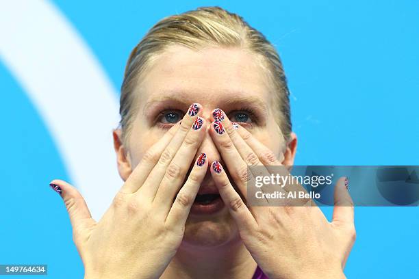 Bronze medallist Rebecca Adlington shows her emotion on the podium during the medal ceremony for the Women's 800m Freestyle on Day 7 of the London...