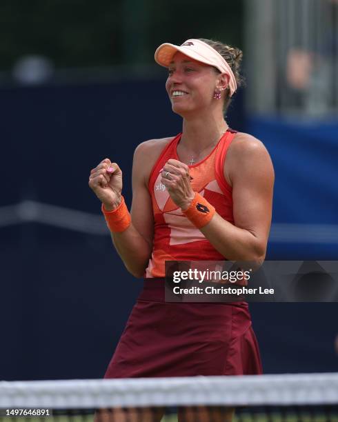 Yanina Wickmayer of Belgium celebrates wiining the Surbiton Trophy after she beats Katie Swan of Great Britain during the Lexus Surbiton Trophy...