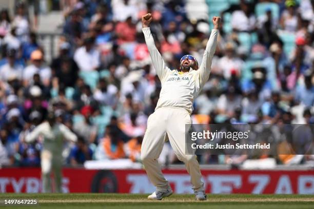 Nathan Lyon of Australia celebrates taking the final wicket and winning the ICC World Test Championship on day five of the ICC World Test...