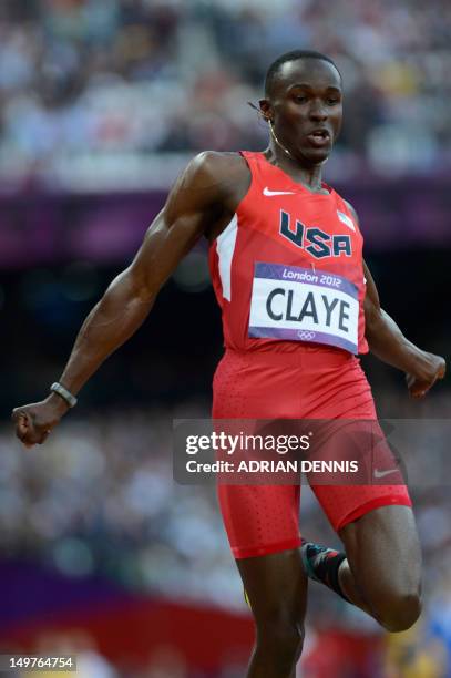Will Claye competes in the men's long jump qualifying rounds at the athletics event during the London 2012 Olympic Games on August 3, 2012 in London....