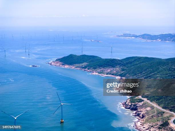 aerial photograph of offshore wind farms - sea islands stock pictures, royalty-free photos & images