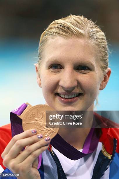 Bronze medallist Rebecca Adlington poses on the podium during the medal ceremony for the Women's 800m Freestyle on Day 7 of the London 2012 Olympic...