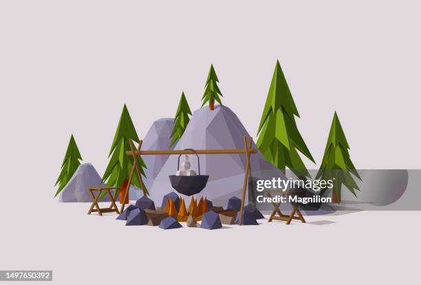 camping with cauldron and chairs, low poly vector - burning forest stock illustrations