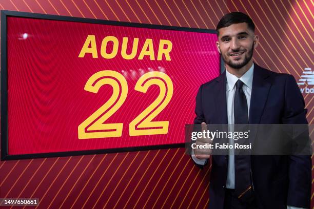 Roma new signing Houssem Aouar during his first photoshoot at Centro Sportivo Fulvio Bernardini on June 11, 2023 in Rome, Italy.