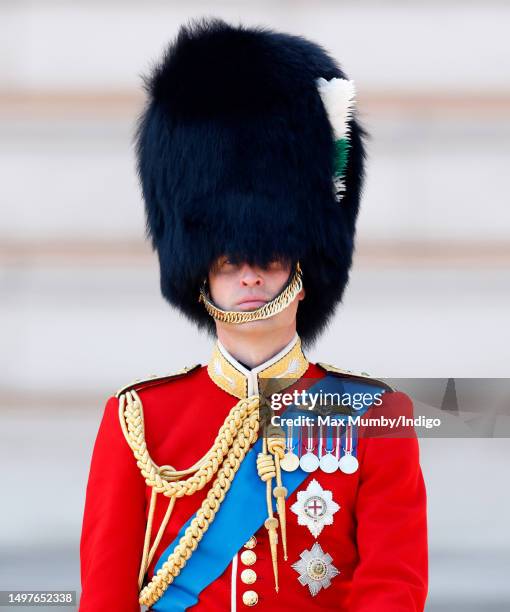 Prince William, Prince of Wales takes the salute outside Buckingham Palace after carrying out The Colonel's Review at Horse Guards Parade on June 10,...