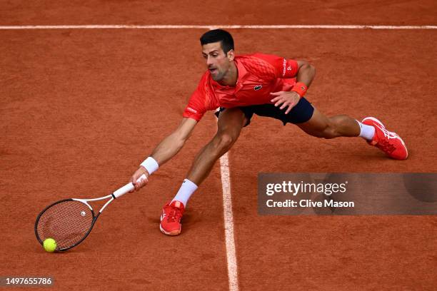 Novak Djokovic of Serbia plays a forehand against Casper Ruud of Norway during the Men's Singles Final match on Day Fifteen of the 2023 French Open...