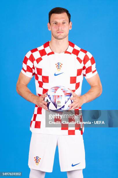 Borna Barisic of Croatia poses for a portrait during the Croatia Finalists Access Day - UEFA Nations League Finals 2022/23 on June 08, 2023 in...