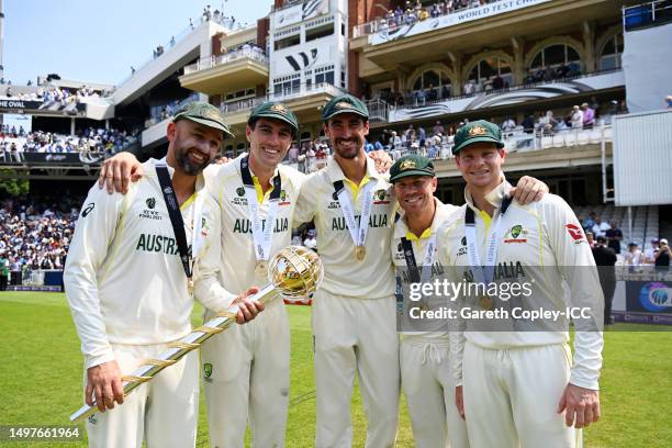 Nathan Lyon, Pat Cummins, Mitchell Starc, David Warner and Steven Smith of Australia pose for a photo with the ICC World Test Championship Mace on...