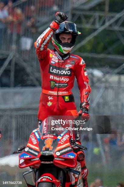 Francesco Bagnaia of Italy and Ducati Lenovo Team celebrate the victory of the Race of MotoGP of Italy at Mugello Circuit on June 11, 2023 in...