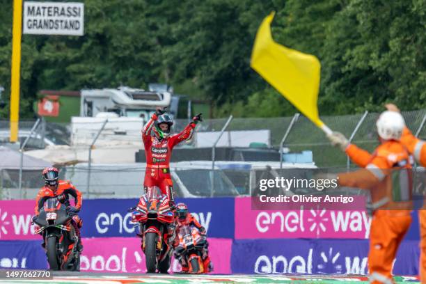 Francesco Bagnaia of Italy and Ducati Lenovo Team celebrate the victory of the Race of MotoGP of Italy at Mugello Circuit on June 11, 2023 in...