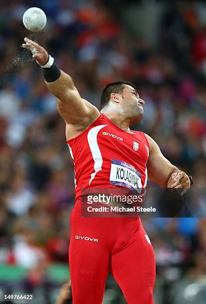 Asmir Kolasinac of Serbia competes in the Men's Shot Put Final on Day 7 of the London 2012 Olympic Games at Olympic Stadium on August 3, 2012 in...