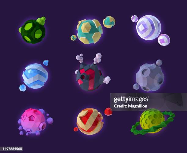 low-poly-planeten-vektor-set - vulkankrater stock-grafiken, -clipart, -cartoons und -symbole