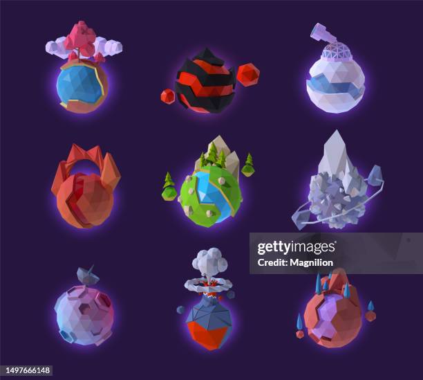 low poly planet vector set - volcano science stock illustrations