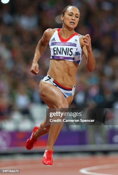 Jessica Ennis of Great Britain competes in the Women's Heptathlon 200m on Day 7 of the London 2012 Olympic Games at Olympic Stadium on August 3, 2012...