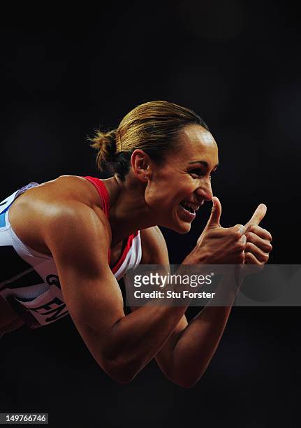Jessica Ennis of Great Britain gives the thumbs up after competing in the Women's Heptathlon 200m on Day 7 of the London 2012 Olympic Games at...
