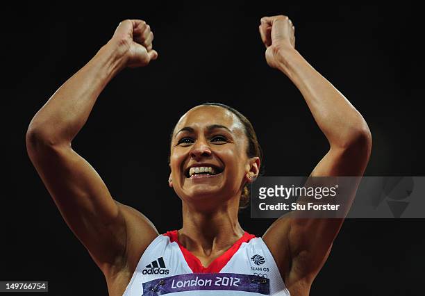 Jessica Ennis of Great Britain smiles after competing in the Women's Heptathlon 200m on Day 7 of the London 2012 Olympic Games at Olympic Stadium on...