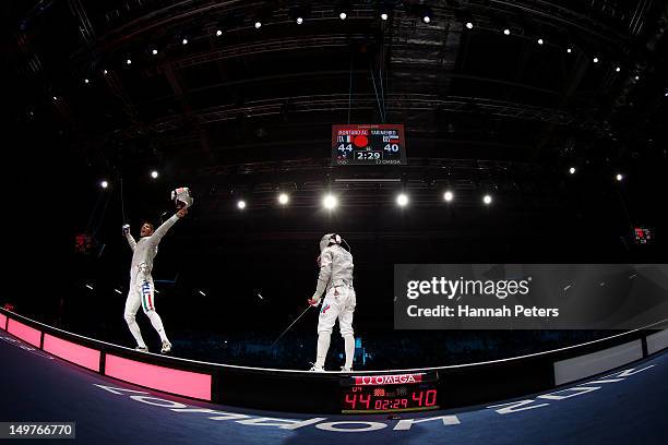 Aldo Montano of Italy competes against Alexey Yakimenko of Russia during the Men's Sabre Team Fencing on Day 7 of the London 2012 Olympic Games at...