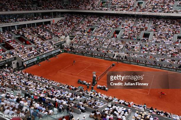 General view of Court Philippe-Chatrier is seen during the Men's Singles Final match between Novak Djokovic of Serbia and Casper Ruud of Norway on...