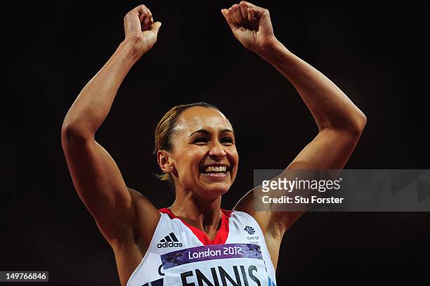 Jessica Ennis of Great Britain smiles after competing in the Women's Heptathlon 200m on Day 7 of the London 2012 Olympic Games at Olympic Stadium on...