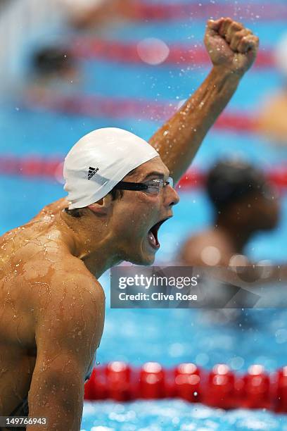 Florent Manaudou of France celebrates winning the Mens 50m Freestyle Final on Day 7 of the London 2012 Olympic Games at the Aquatics Centre on...