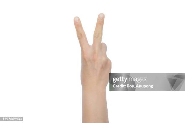 cropped shot of woman hand showing two finger (or v sign) isolated with white background. - zwei finger stock-fotos und bilder