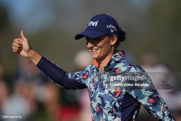 Anne van Dam of the Netherlands acknowledges the crowd on the eighteenth green during Day Four of the Volvo Car Scandinavian Mixed at Ullna Golf &...