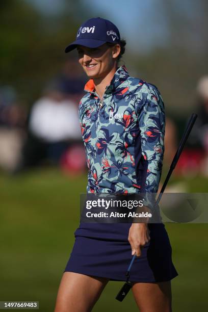 Anne van Dam of the Netherlands acknowledges the crowd on the eighteenth green during Day Four of the Volvo Car Scandinavian Mixed at Ullna Golf &...