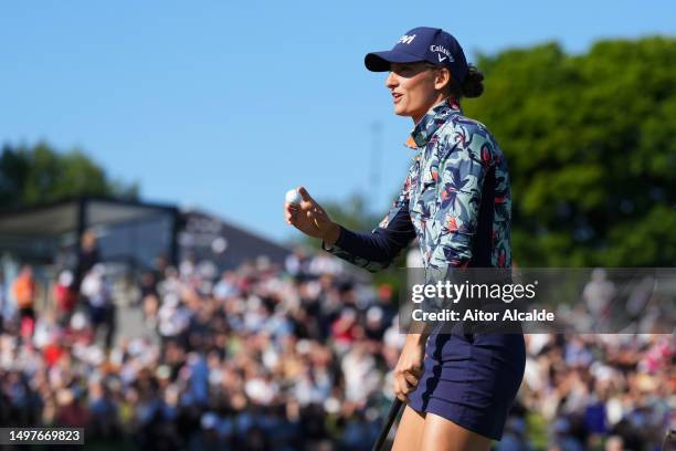 Anne van Dam of the Netherlands celebrates after finishing their round on the eighteenth green during Day Four of the Volvo Car Scandinavian Mixed at...