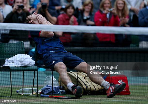 Andy Murray of Great Britain celebrates his 7-5, 7-5 win against Novak Djokovic of Serbia in the Semifinal of Men's Singles Tennis on Day 7 of the...