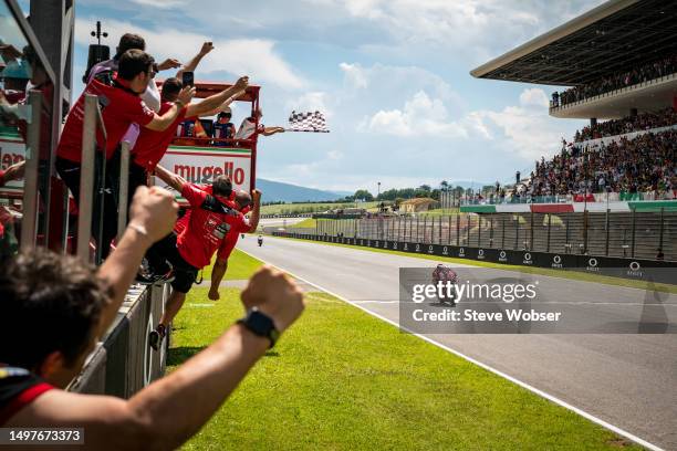 Francesco Bagnaia of Italy and Ducati Lenovo Team crosses the finish line and wins the race during the Race of the MotoGP Gran Premio d'Italia Oakley...
