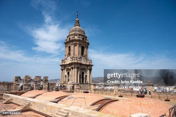 General view of a tower and roof of the Malaga Cathedral roof on April 21, 2023 in Malaga, Spain.