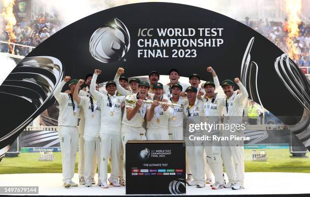 Pat Cummins of Australia lifts the ICC World Test Championship Mace during day five of the ICC World Test Championship Final between Australia and...