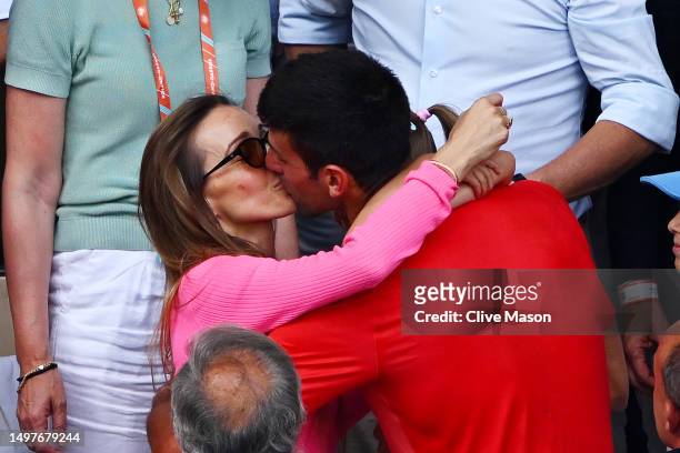 Novak Djokovic of Serbia celebrates winning match point with partner Jelena Djokovic against Casper Ruud of Norway in the Men's Singles Final match...