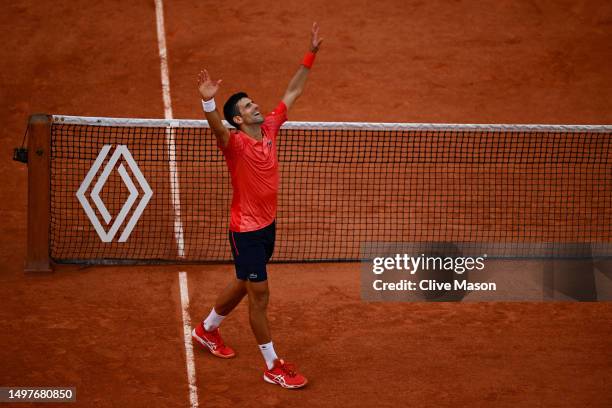 Novak Djokovic of Serbia celebrates winning match point against Casper Ruud of Norway in the Men's Singles Final match on Day Fifteen of the 2023...