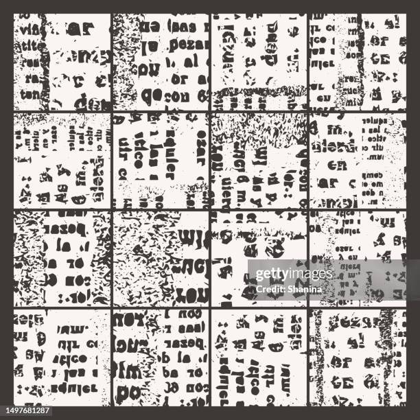 distressed printed-text collage texture grid background - black and white - v2 - printing texture stock illustrations
