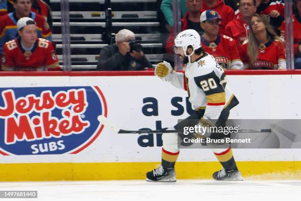 Chandler Stephenson of the Vegas Golden Knights scores at 33 seconds of the first period against the Florida Panthers in Game Four of the 2023 NHL...