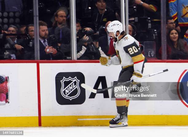 Chandler Stephenson of the Vegas Golden Knights scores at 33 seconds of the first period against the Florida Panthers in Game Four of the 2023 NHL...