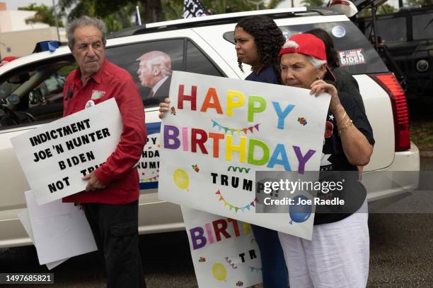 Supporters of former President Donald Trump gather at the start of the caravan to support him and wish him a Happy Birthday on June 11, 2023 in...