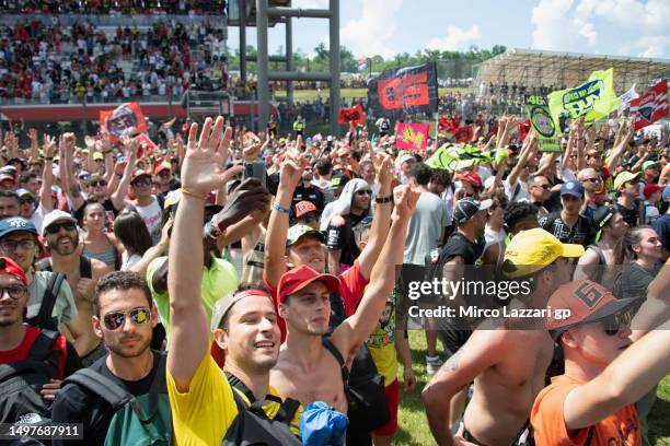 Fans look on ounder the podium on track during the MotoGp race during the MotoGP of Italy - Race at Mugello Circuit on June 11, 2023 in Scarperia,...