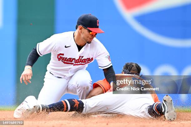 Corey Julks of the Houston Astros is caught stealing second base by Andrés Giménez of the Cleveland Guardians during the fourth inning at Progressive...