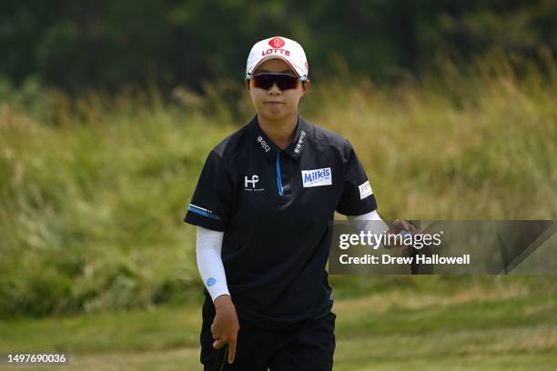 Hyo Joo Kim of South Korea reacts to a putt on the third green during the final round of the ShopRite LPGA Classic presented by Acer at Seaview Bay...